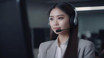 hermosa asiático mujer llamada centrar trabajador en el oficina trabajando a el computadora. el concepto de cliente servicio. ai generado foto