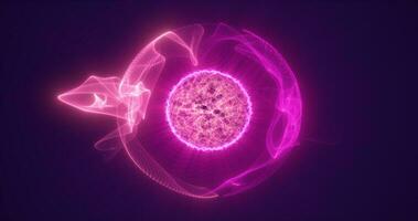 Abstract purple round sphere energy molecule from futuristic high-tech glowing particles photo