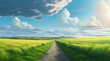 Rustic dirt scenic road with green grass and skyline with blue sky. AI generated photo