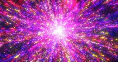 Abstract glowing energy explosion whirlwind firework from purple lines and magic particles abstract background photo