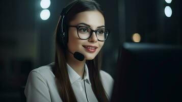 Beautiful woman call center worker in headphones in the office works at a computer. The concept of customer service. AI generated photo