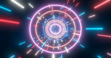 Abstract multi-colored energy futuristic hi-tech tunnel of flying circles and lines neon magic glowing background photo