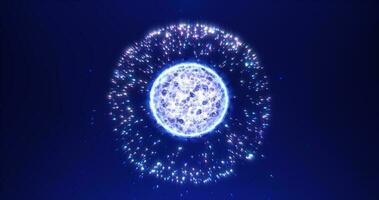 Abstract blue round sphere energy molecule from futuristic high-tech glowing particles photo