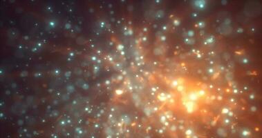 Abstract yellow orange energy particles and dots glowing flying sparks festive with bokeh effect and blur background photo