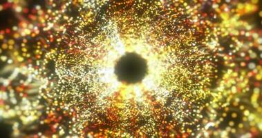 Abstract yellow energy tunnel made of particles and a grid of high-tech lines with a glowing background effect photo