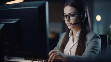 hermosa mujer llamada centrar trabajador en auriculares en el oficina trabajos a un computadora. el concepto de cliente servicio. ai generado foto