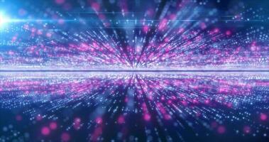 Abstract purple energy hi-tech lines and digital particles fly in a tunnel with bokeh effect glowing background photo