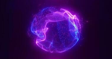 Abstract purple energy sphere of particles and waves of magical glowing on a dark background photo