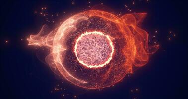 Abstract red orange round sphere energy molecule from futuristic high-tech glowing particles photo