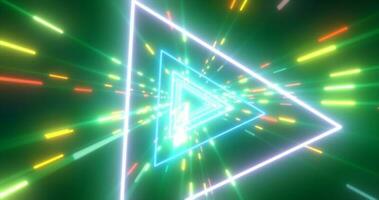 Abstract green energy futuristic hi-tech tunnel of flying triangles and lines neon magic glowing background photo