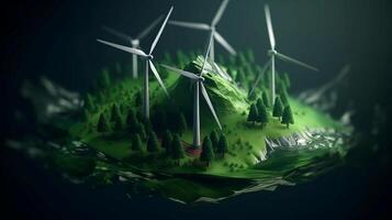 The concept of green energy and ecology of the future. Alternative high-tech wind and air energy with wind farms. AI generated photo