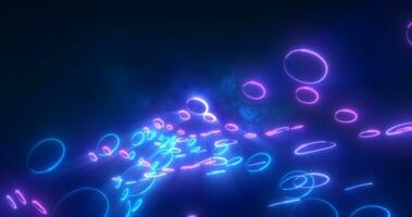 Abstract blue and purple glowing neon lines and circles energy laser flying on a black background photo