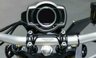 Nonthaburi Thailand 6 December 2022 Logo Triumph motorcycle on handle bar photo