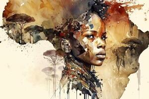 African ethics black woman, africa watercolor abstract illustration. photo
