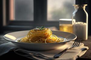 italiano pasta, cocido espaguetis en lámina, tenedor y bebida en mesa por ventana. tradicional plato . generativo ai. foto