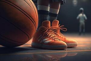 Basketball, sport concept. Game ball near feet of player in sneakers in gym. Close-up, low angle view. photo