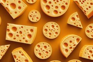 Cheese background. Top view cheeses with holes on yellow background, food pattern. Illustration of photo