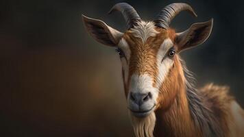 Cute beautiful brown goat with horns. Animal portrait of farm cattle, copy space. photo