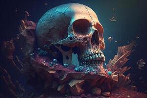 Close-up of skull of dead man's skeleton on stone platform. Dark fantasy gothic illustration photo