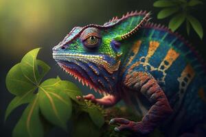 Multicolored colorful chameleon in nature, rare lizard sitting on branch in jungle. Illustration created by photo