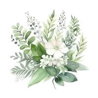 Watercolor floral composition. Hand painted white flowers, forest leaves of fern, eucalyptus, gypsophila. Green bouquet isolated on white background , generat ai photo