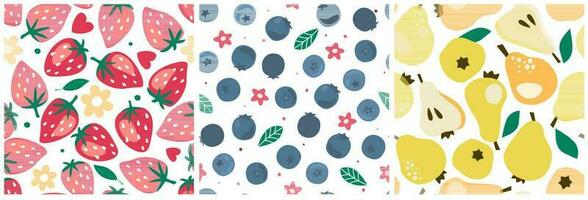 Set of seamless summer natural pattern with fruits pears, blueberries, strawberries. Vector graphics.