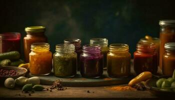 Fresh organic vegetables and fruits in rustic jars generated by AI photo
