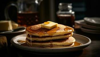 Stack of homemade pancakes with sweet syrup generated by AI photo
