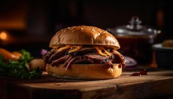 A la parrilla carne de vaca hamburguesa en rústico un pan bollo generado por ai foto