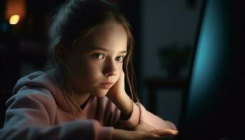 Smiling girl sitting at window, learning technology generated by AI photo