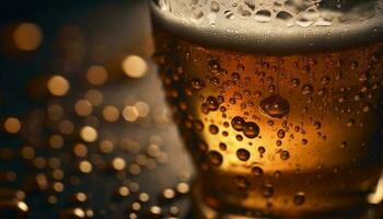 Golden beer bubbles drop in wet glass generated by AI photo