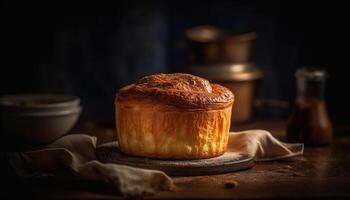 Freshly baked meat pie on rustic wooden table generated by AI photo