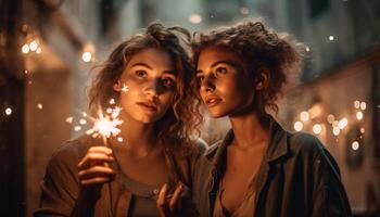 Two young women smiling, celebrating with friends generated by AI photo