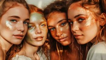 Young women smiling, enjoying summer outdoors together generated by AI photo