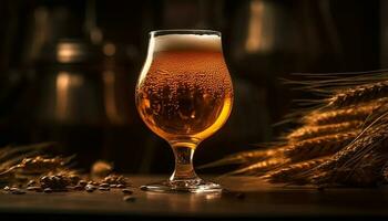 espumoso cerveza en oro medio litro vaso, rústico antecedentes generado por ai foto