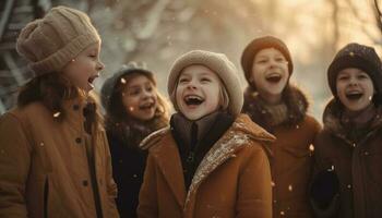 sonriente niños jugando en el invierno bosque generado por ai foto