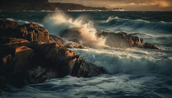 Breaking waves spray rocky coastline at sunset generated by AI photo