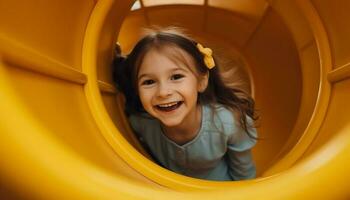 Cute girl playing on yellow slide outdoors generated by AI photo