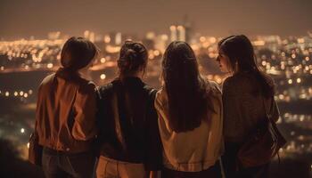 joven adultos abarcar, sonriente, disfrutando ciudad la vida nocturna generado por ai foto