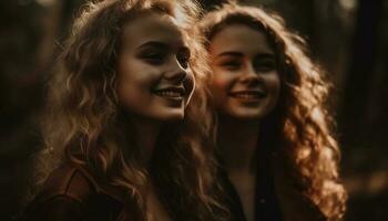 Two young women embrace, smiling with joy generated by AI photo