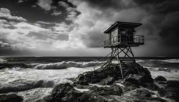 Rough wood lifeguard hut on tranquil coastline generated by AI photo