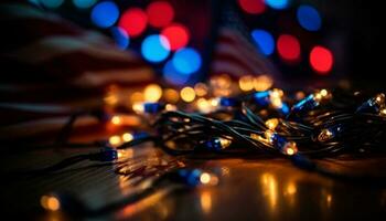 Glowing Christmas lights illuminate the festive night generated by AI photo