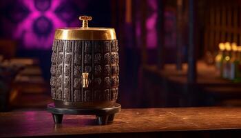 Wooden barrel holds old fashioned whiskey in dimly lit distillery cellar generated by AI photo