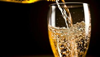 Golden liquid flowing, splashing in glass, celebrating fresh refreshment generated by AI photo