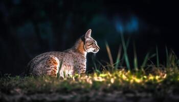 Fluffy kitten sitting in grass, staring with curious yellow eyes generated by AI photo