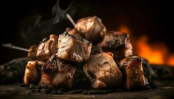 Grilled meat on skewer, glowing with rustic summer heat generated by AI photo