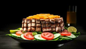 Grilled meat and vegetable plate, a gourmet healthy lunch option generated by AI photo