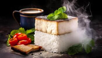 Grilled meat and vegetable appetizer on rustic wooden plate generated by AI photo