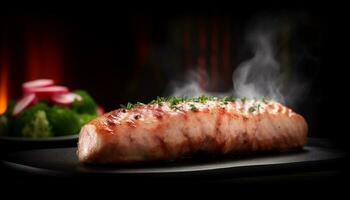 A la parrilla filete filete en lámina, un gastrónomo comida Listo a comer generado por ai foto