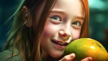 sonriente niña participación manzana, disfrutando infancia al aire libre con sano estilo de vida generado por ai foto